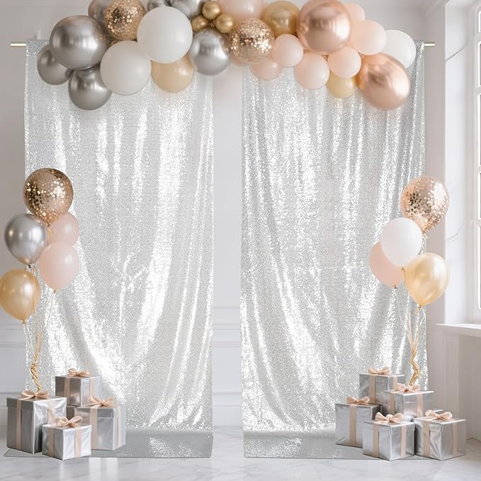 SquarePie Sequin Backdrop Curtain 8FT x 10FT Silver Satin Backing Fabric - Image 8