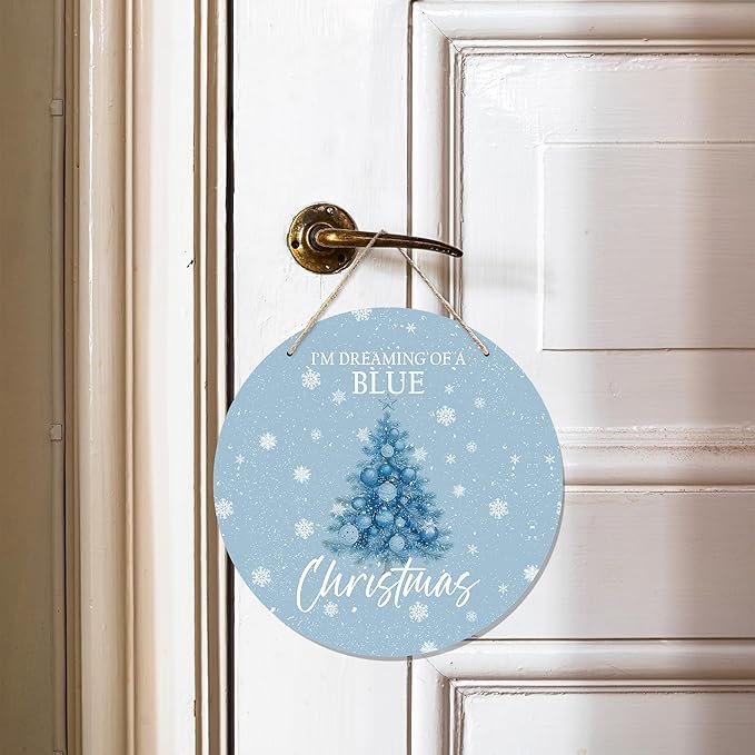 CGBHW Blue Christmas Tree Wooden Sign, Winter Holiday Theme Hanging Sign Wall - Image 2