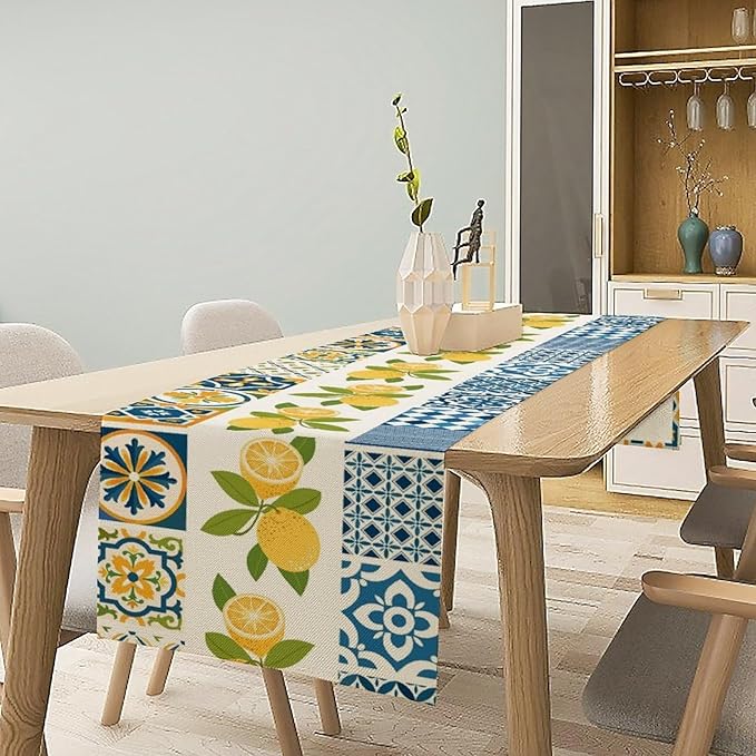 Lemon Table Runner, Watercolor Blue Fruits Green Leaves Print Table Cloth - Image 2