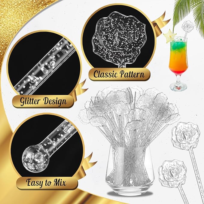 100 Pcs Silver Glitter Drink Stirrers Cocktails Plastic Swizzle Sticks 7.5 Inch - Image 2