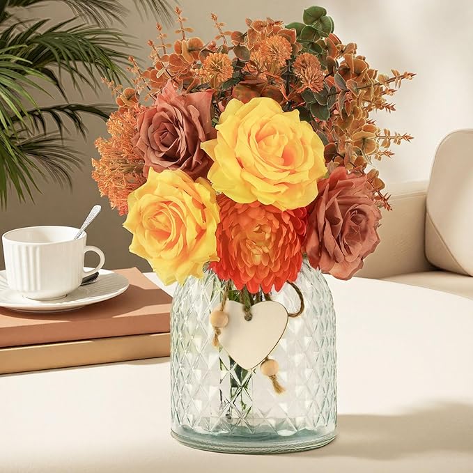 Artificial Fall Flowers in Vase, Faux Plant Floral Centerpiece by HOHOTIME