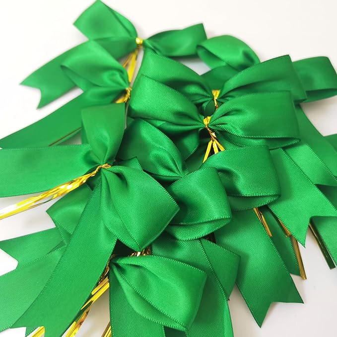 50pcs 3-1/2" Green Twist Ties Satin Green Bows - Image 7