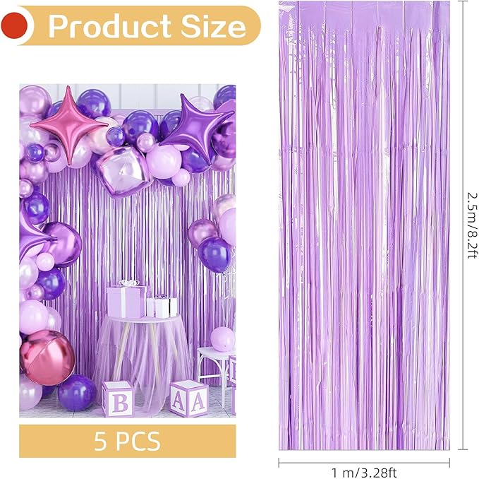 5 Pack Purple Foil Curtain Backdrop 3.2ft x 8.2ft Tinsel Foil Fringe Curtains - Image 3