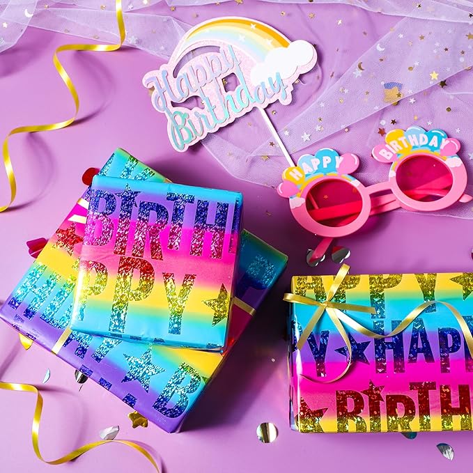 LeZakaa Holographic Birthday Wrapping Paper Roll, Happy Birthday Lettering - Image 3