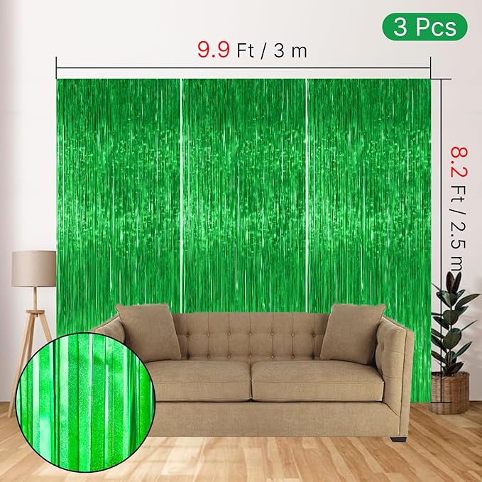 PartyWoo Green Streamers Backdrop 3pcs Green Tinsel Foil Fringe Streamer - Image 4