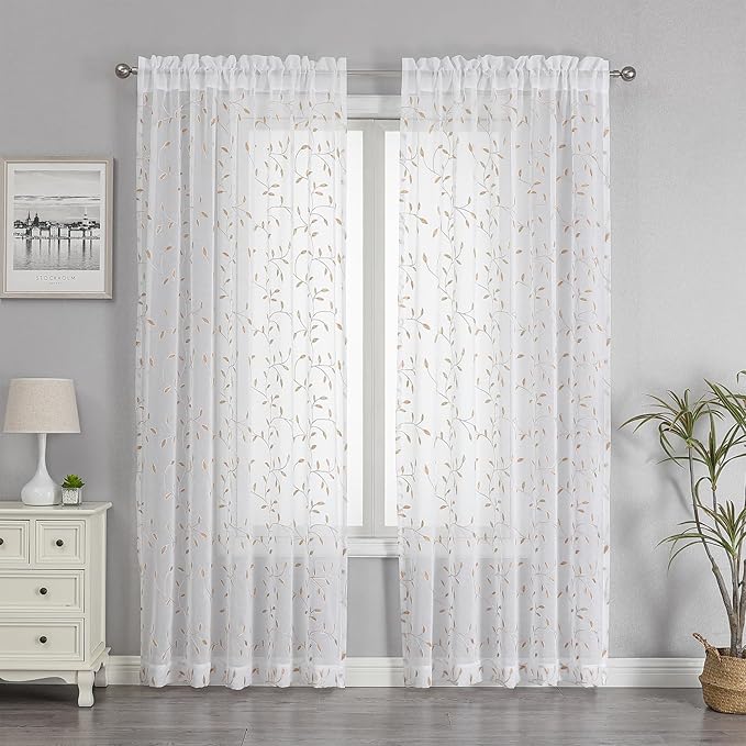 VISIONTEX White Sheer Voile Curtains, Decorative Orange Leaves Embroidery Faux - Image 2