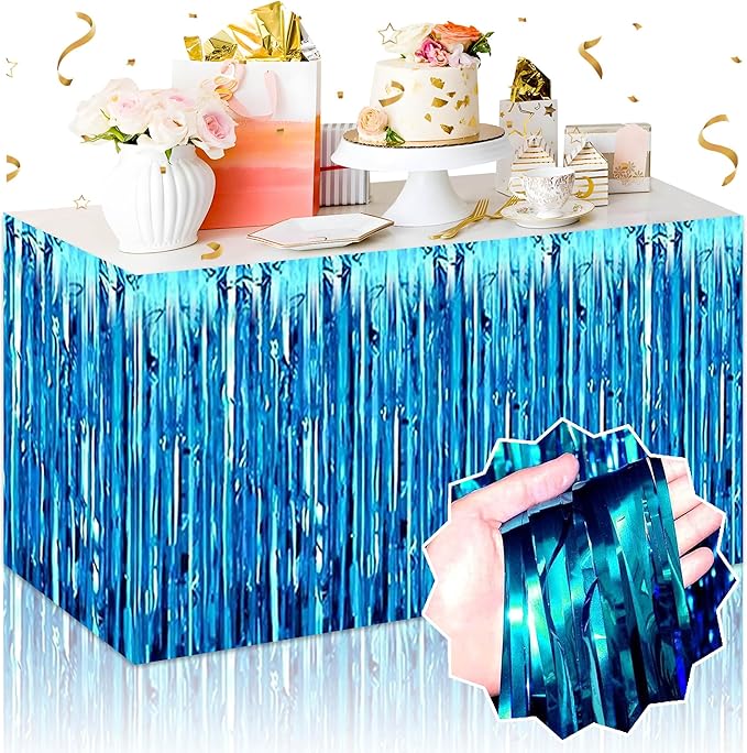 3 Pack Lake Blue Foil Fringe Table Skirts Metallic Tinsel Streamers Garland by LANTIANCHEN