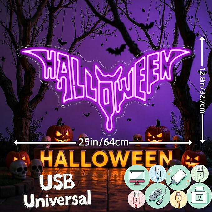 Halloween Bat Shaped Neon Sign Spooky Red LED Wall Decor - Image 3