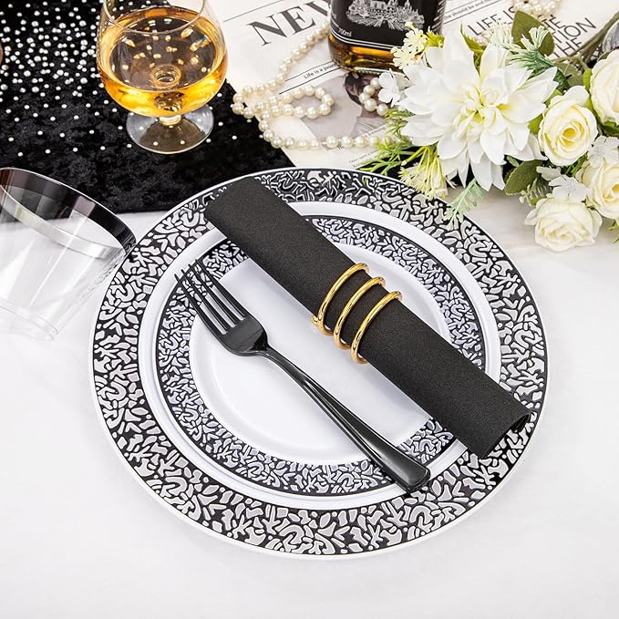 WELLIFE 350Pcs Black Plastic Dinnerware and Napkins Party Supplies Include:50 - Image 3