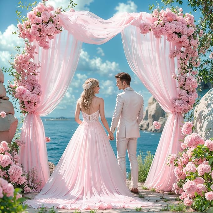 Wedding Arch Draping Fabric 2 Panels 18Ft Blush Chiffon Fabric Drapes Arbor - Image 5