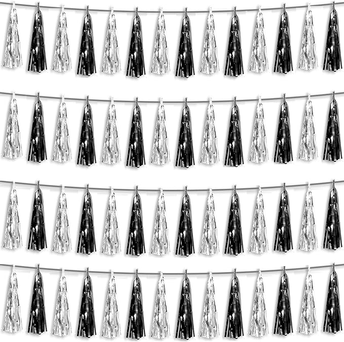 4P Black Silver Foil Fringe Metallic Tassel Streamers Banner Tassel Garland by HYSILLA