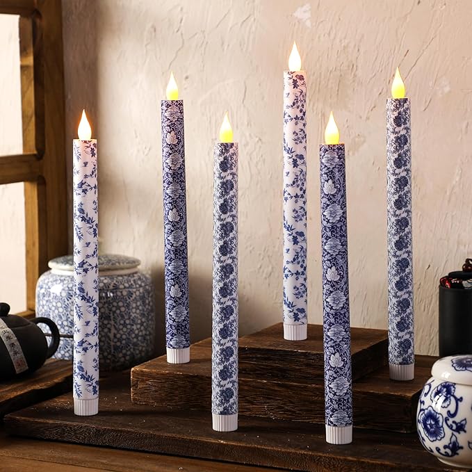 Baquler 6 Pcs Christmas Chinoiserie Flameless Candles 10.6 Inch Blue and White - Image 8