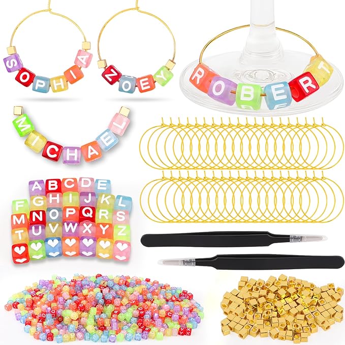 60 Sets DIY Wine Glass Charms – 780 Letter Beads 120 Gold Beads 60 Charm Rings by TMKEFFC