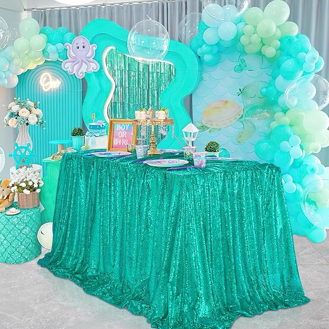 QueenDream Lake Green Tablecloth Sequin Fabric Table Cloths 90x156 Inch Mermaid - Image 6