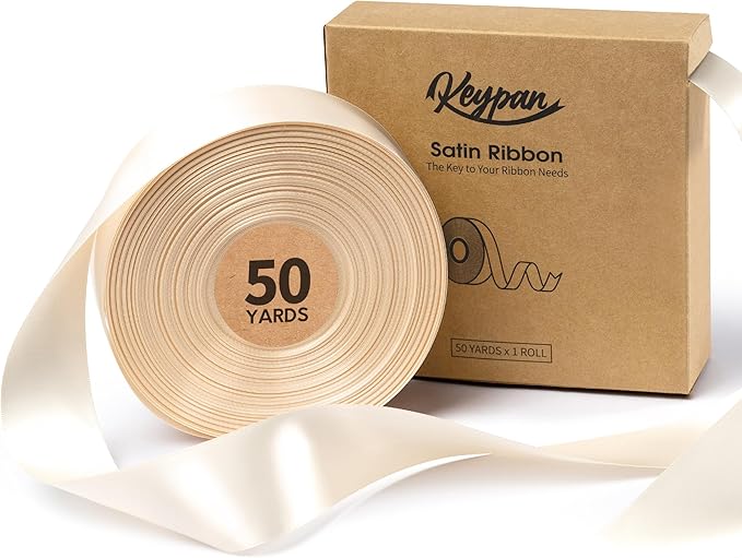 Ivory Satin Ribbon 1-1/2 Inch x 50 Yards Double-Faced Polyester Cream Ribbons by Keypan