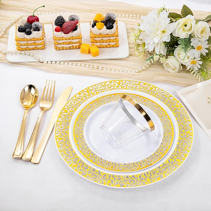 WELLIFE 210Pcs Gold Plastic Dinnerware - Image 4