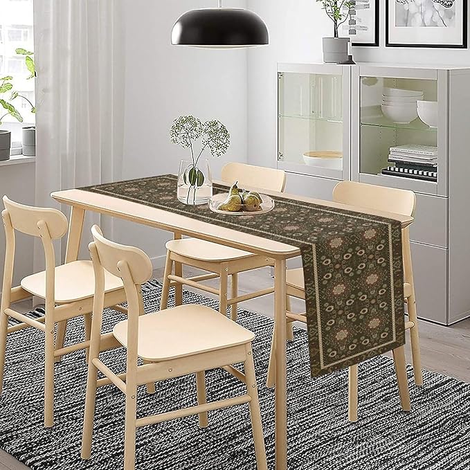 Vintage Boho Floral Table Runner, Rustic Country Farmhouse Brown Bohemia Flower - Image 3