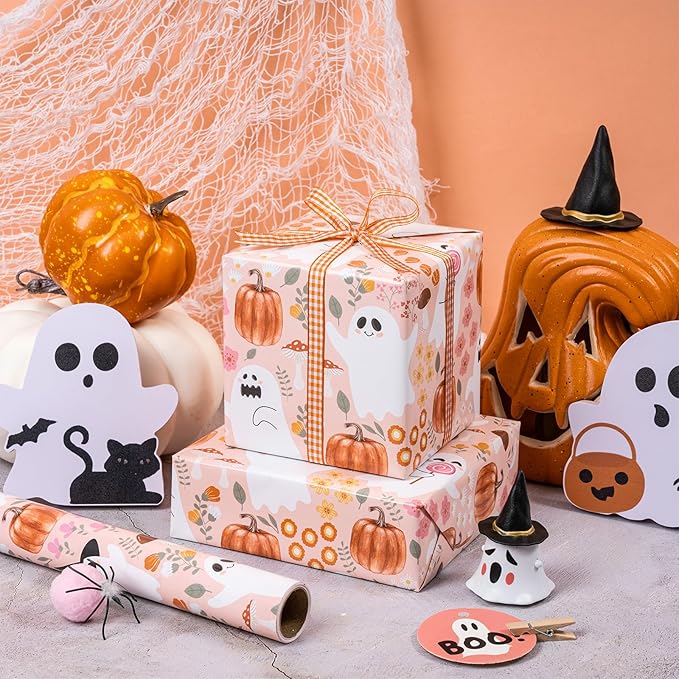 LeZakaa Pink Halloween Wrapping Paper Roll, Cute Ghosts Pumpkins Fall Florals - Image 4