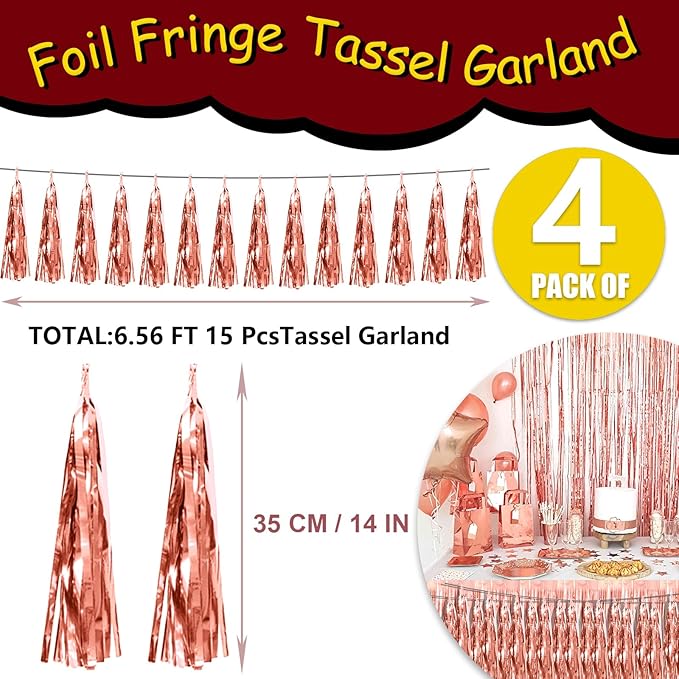 4P Rose Gold Foil Fringe Tassel Banner Garland Metallic Tinsel Streamers Wall - Image 2