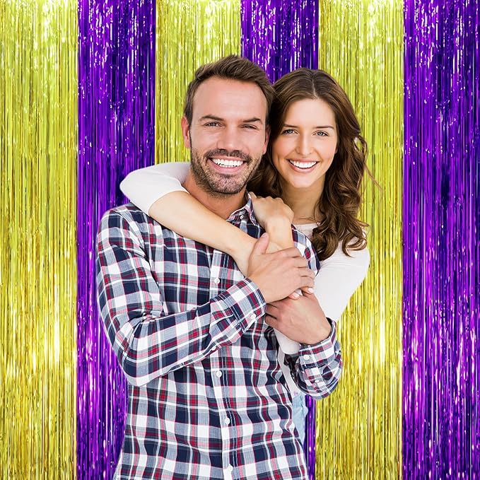 2 Pack Purple and Gold Foil Fringe Backdrop Curtains, Tinsel Streamers Party - Image 6