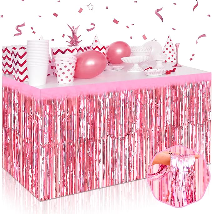 3 Pack 29 x108 Inch Pink Foil Fringe Table Skirts Metallic Banner by Mebiornt