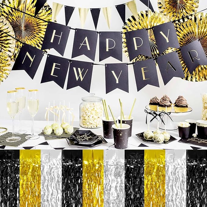 4P Wavy Metallic Tinsel Foil Fringe Table Skirts - Image 3