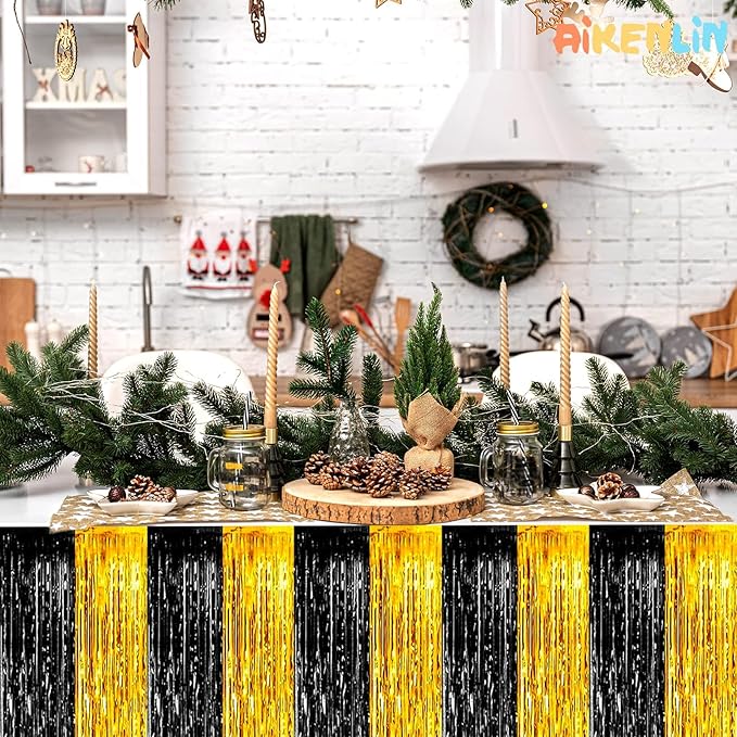 6 Pack 29x108 Inch Black Gold Metallic Foil Fringe Tinsel Table Skirts - Image 5