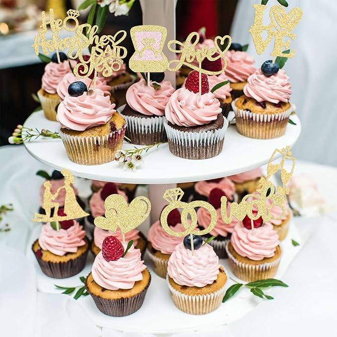 Ephlyn 30Pcs He Asked She Said Yes Cupcake Toppers Glitter Engagement Cupcake - Image 4