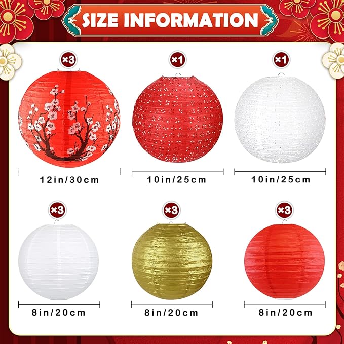 14Pcs Chinese Japanese Paper Lantern Assorted Sizes Hanging Plum Blossom Red - Image 3