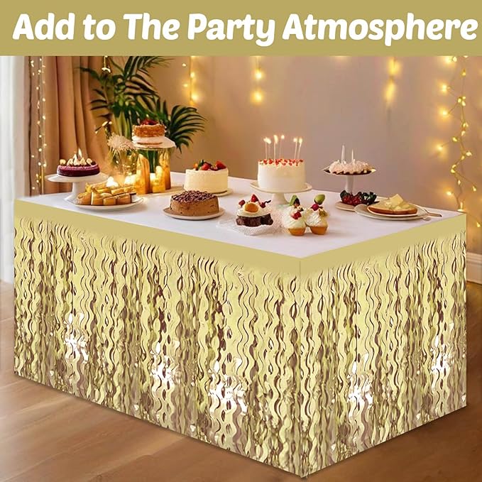 6 Pack 29x108 Inch Light Gold Wave Foil Fringe Table Skirts Metallic Banner - Image 4
