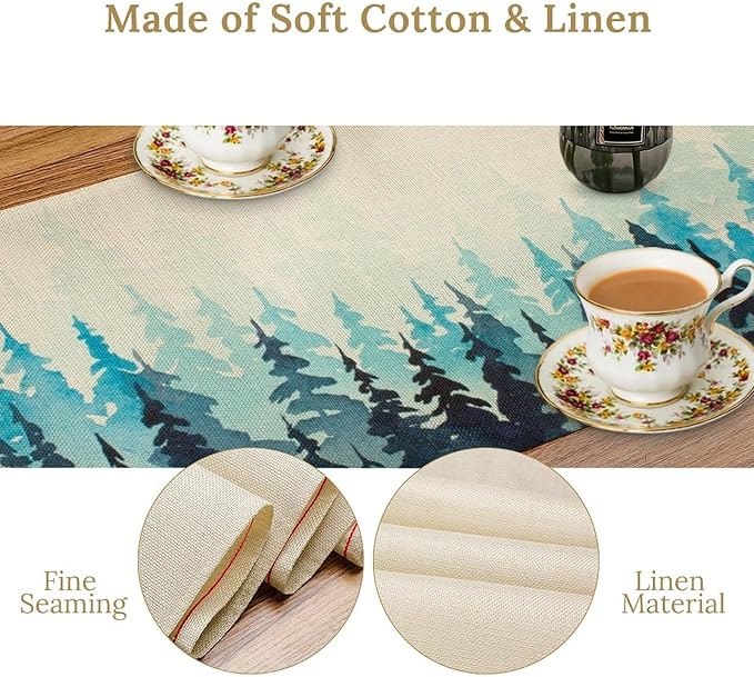 Misty Forest Table Runner, Foggy Blue Forest Landscape Table Runner - Image 5