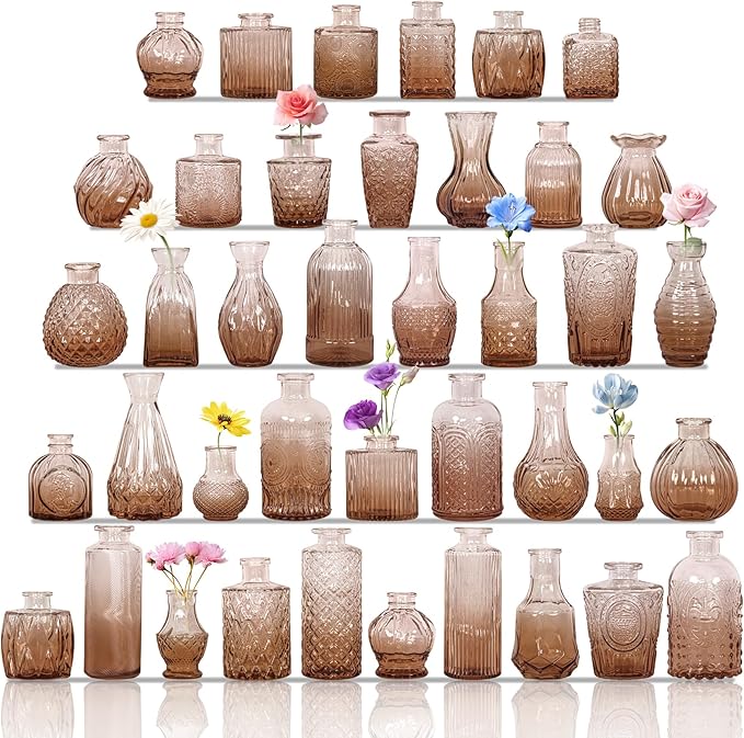 Set of 40 Glass Bud Vases, Small Amber Glass Vases in Bulk, Mini Vintage by Fivenl