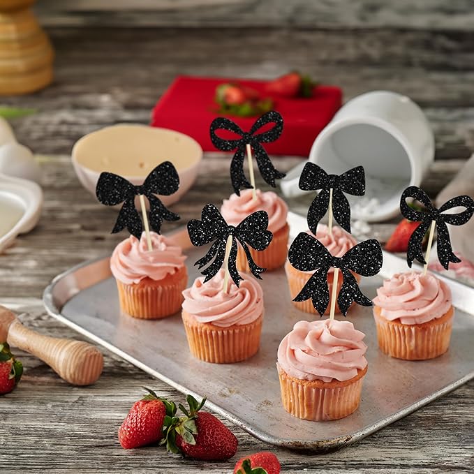 Gyufise 36Pcs Bow Cupcake Toppers Glitter Girls Birthday Decorations Bowknot - Image 7