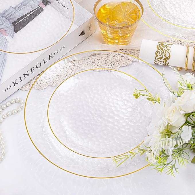 Rubtlamp 175 Pcs Plastic Dinnerware Set, Hammered Party Plates Include Dinner - Image 3