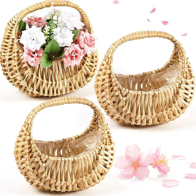 Taiyin 3 Pack Rattan Flower Girl Basket Small Half Moon Straw Wicker Basket by Taiyin