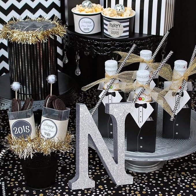 TONIFUL 8 Inch Silver Glitter Letter N Table Centerpiece A-Z Silver Birthday - Image 4