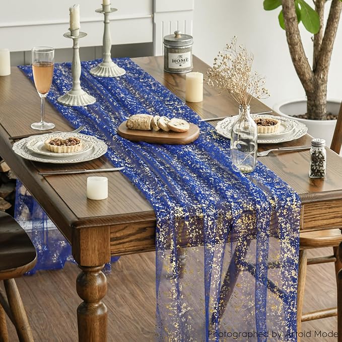 Artoid Mode Blue Gold Gauze Table Runner 120 Inch 10FT, Glitter Metallic Foil - Image 3