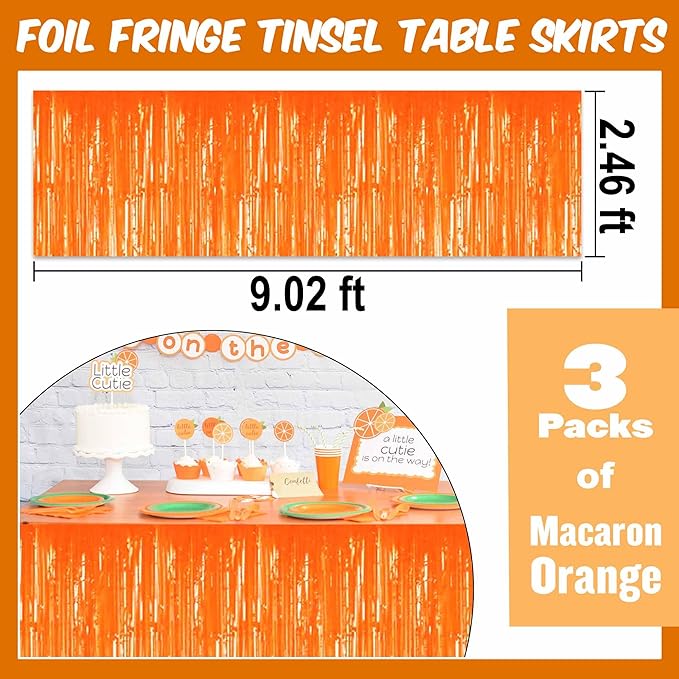 3 Pack 29 x108 Inch Macaron Orange Foil Fringe Table Skirts Metallic Banner - Image 3