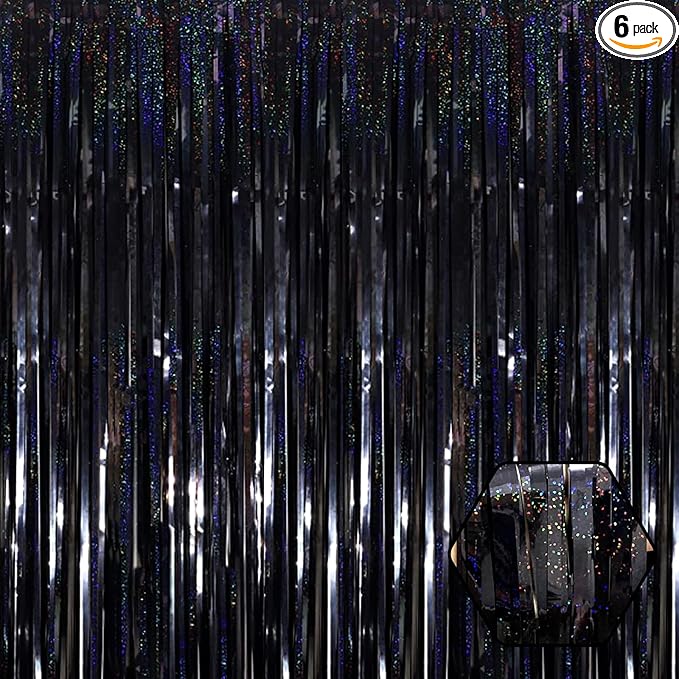 6 Pack Black Foil Fringe Curtain Backdrop, 3.28Ft x 8.2Ft Metallic Tinsel Foil by Ferwzsr