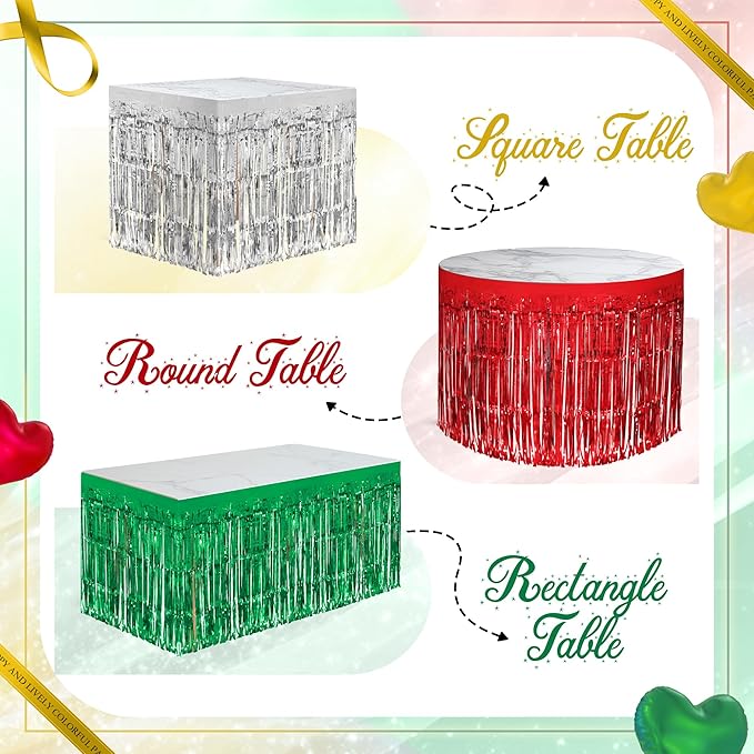 3 Pack Red Green Silver Table Skirts, 29x108" Metallic Foil Tinsel Fringe Table - Image 4