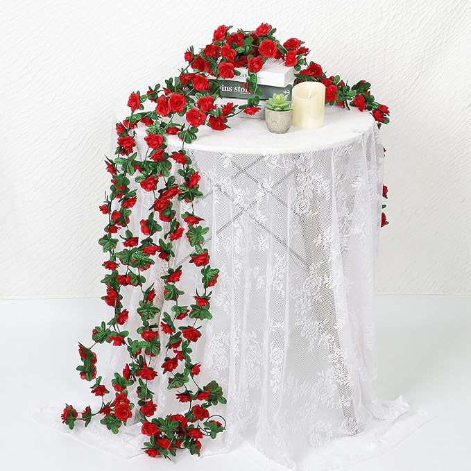 KHOYIME 9 Pack 72 FT Artificial Flower Garland, Fake Red Roses Vines Silk - Image 4