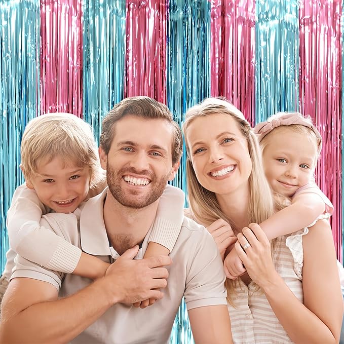 2 Pack Blue and Pink Foil Fringe Backdrop Curtains, Tinsel Streamers Mermaid - Image 6