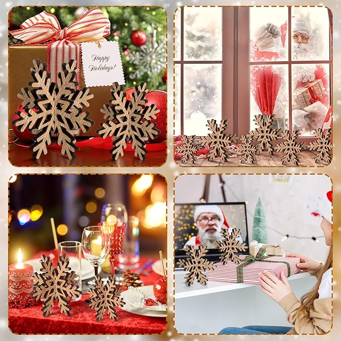 Bucherry 12 Pcs Wooden Snowflake Table Decor 3D Snowflake Tabletop Signs and - Image 6
