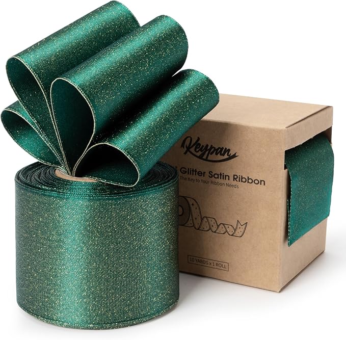 Christmas Ribbon Wired Green Satin Ribbons 2-1/2 Inch Double-Faced Gold Glitter by Keypan