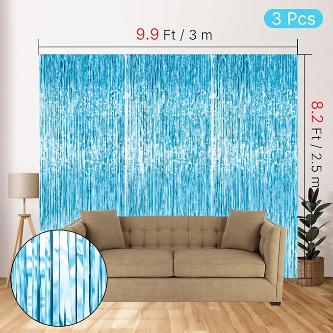 PartyWoo Light Blue Streamers Backdrop 3pcs Baby Blue Foil Fringe Streamer - Image 4