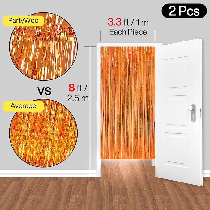 ParyWoo Orange Streamers 2pcs Tinsel Backdrop 8.2FT Metallic Orange Foil Fringe - Image 6
