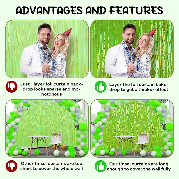 4 Pack 3.3x8.2 Feet Neon Green Foil Fringe Backdrop Curtains, Tinsel Streamers - Image 5