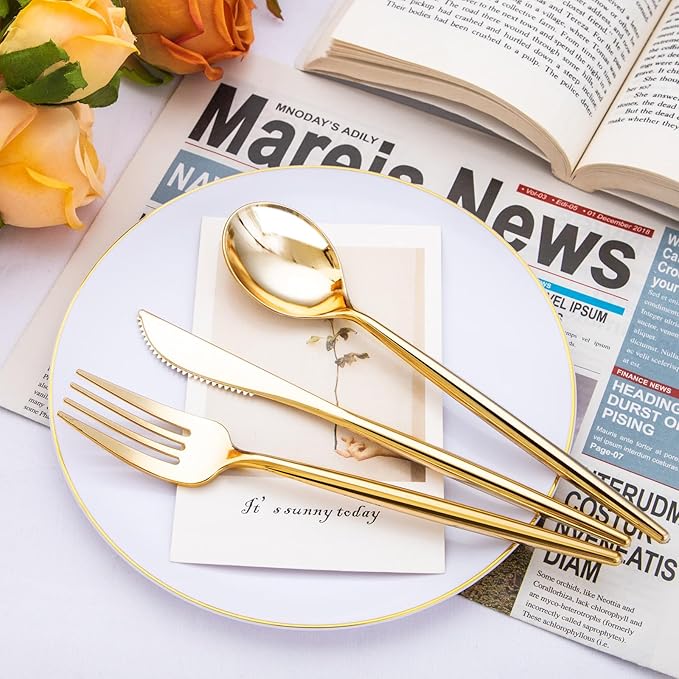 SUT 300 Pcs Gold Plastic Cutlery, 100 Gold Plastic Spoons, 100 Gold Plastic - Image 6