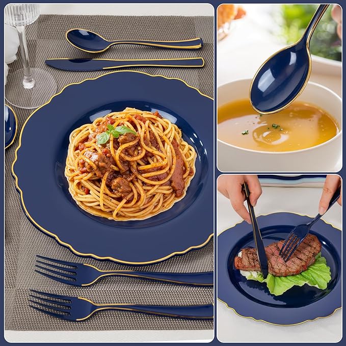 WDF 180PCS Blue Plastic Silverware -Blue and Gold Plastic Cutlery 60 Forks - Image 4