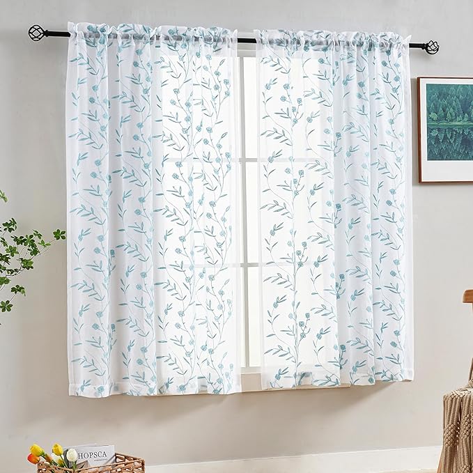 Sheer Curtains White-Blue 45 Inches Long Floral Embroidery Rod Pocket Voile - Image 3